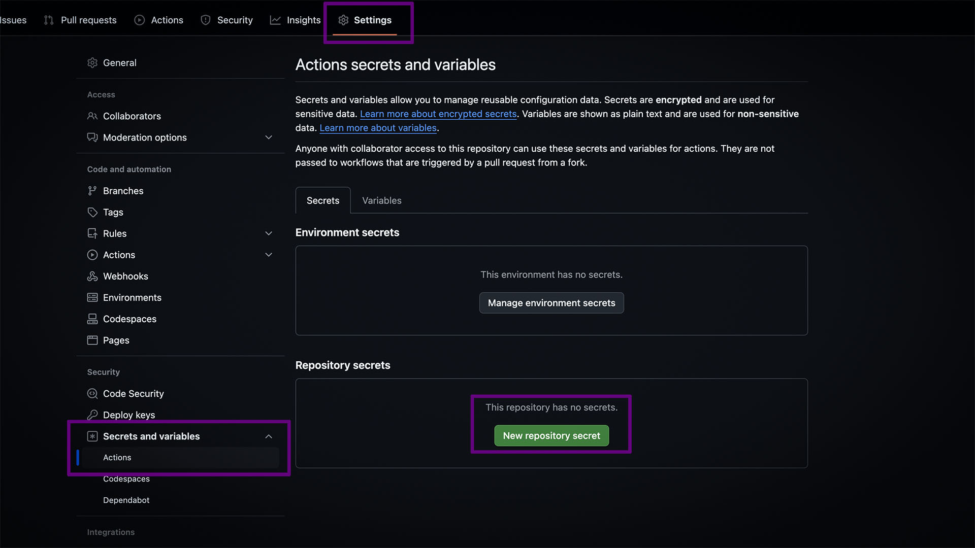 GitHub repository secrets section
