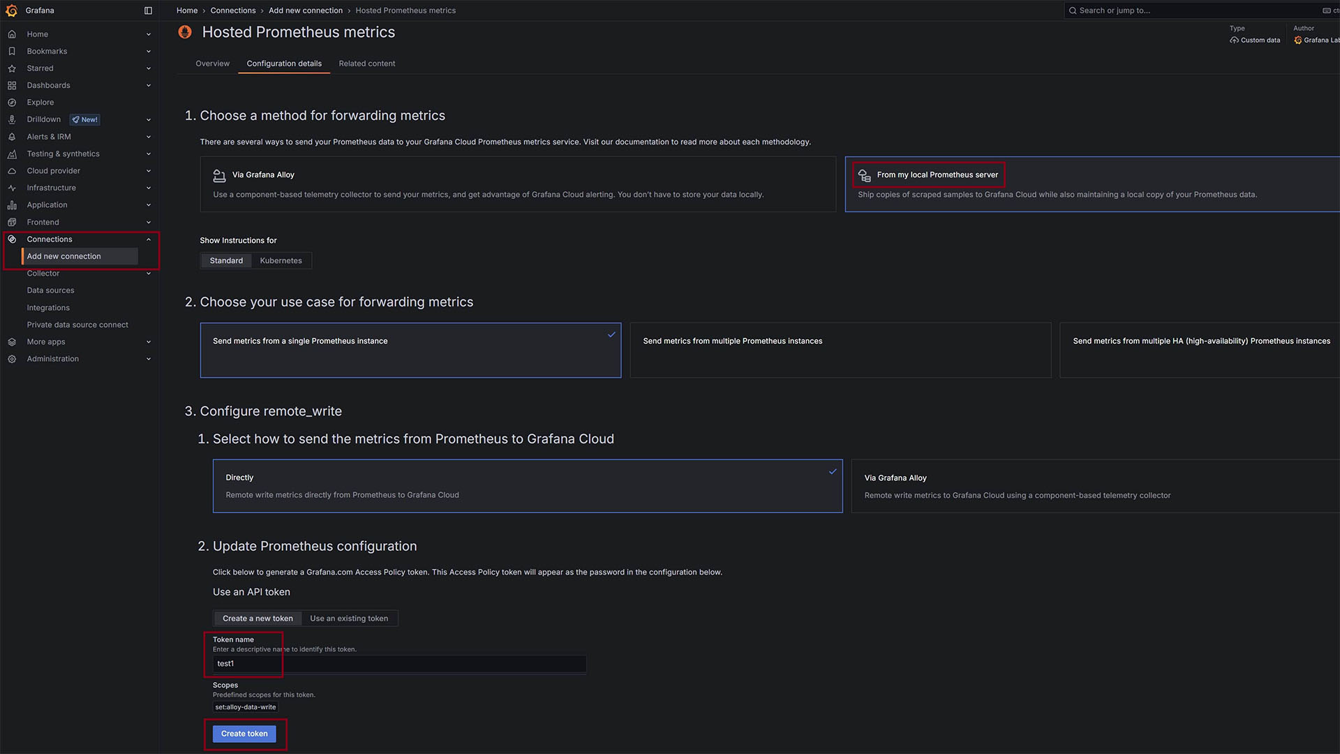 Grafana Cloud screen prompting the user to create a new connection token