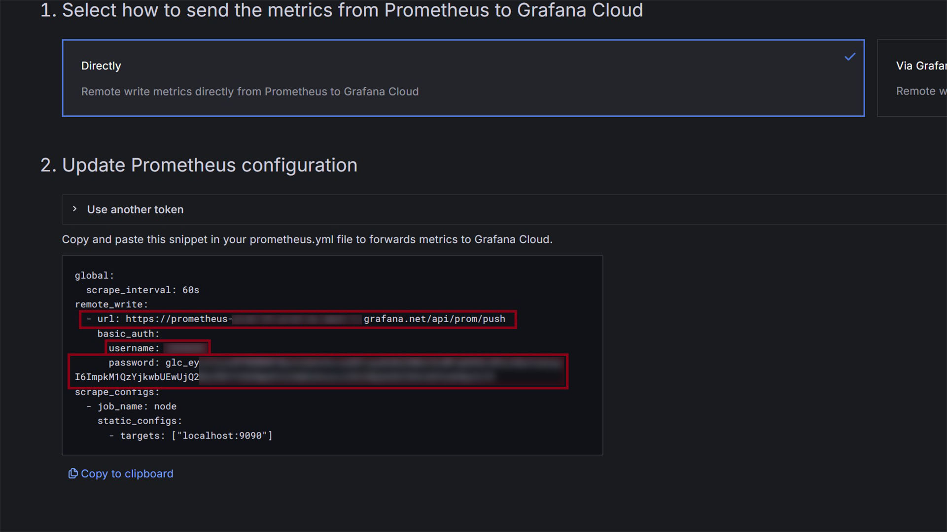 Grafana Cloud screen displaying the generated URL, username, and password credentials